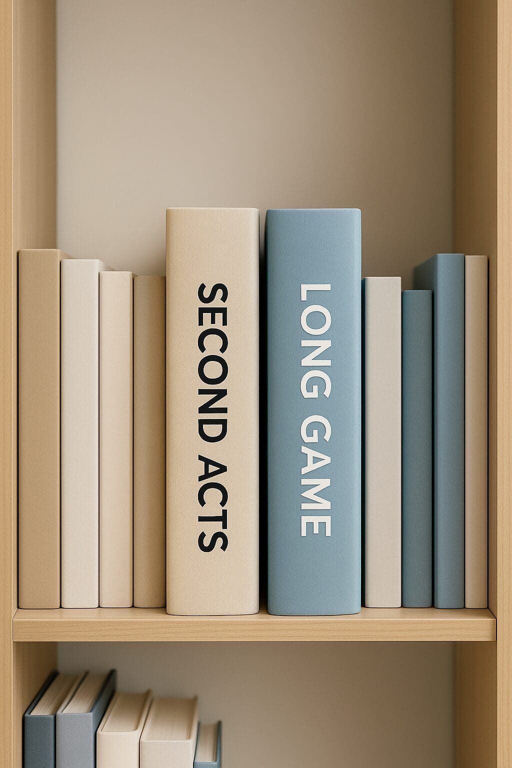 Bookshelf with neutral-toned books, featuring two prominently titled spines: “SECOND ACTS” and “LONG GAME”