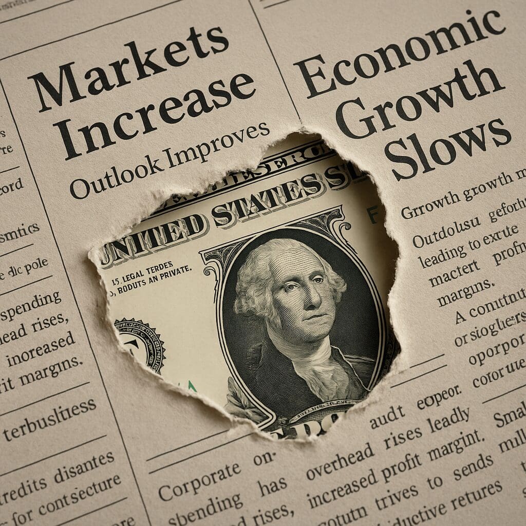 Torn financial newspaper revealing a one-dollar bill underneath, symbolizing hidden financial interests behind media coverage.