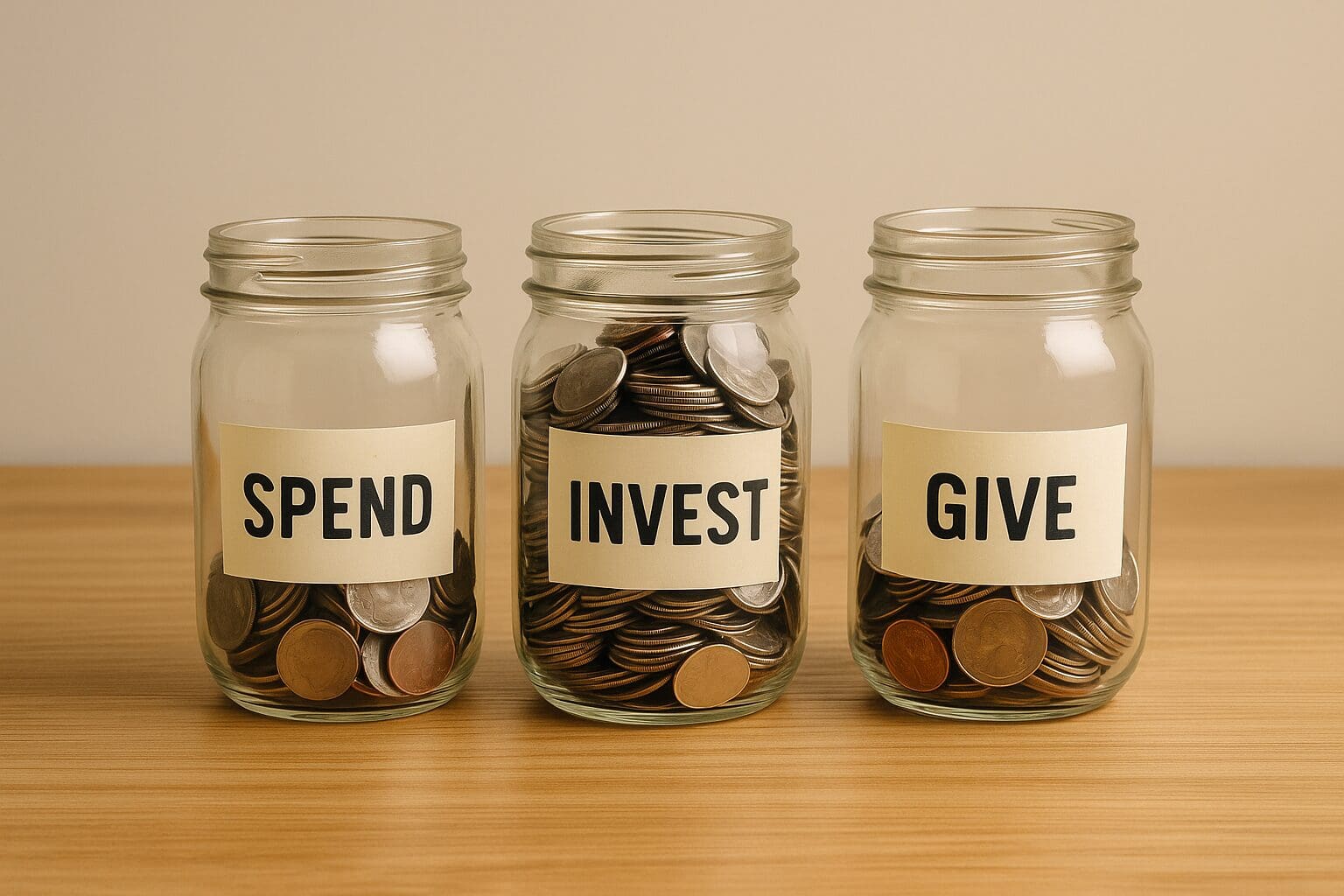 Three glass jars labeled “SPEND,” “INVEST,” and “GIVE,” filled with coins and placed on a wooden desk.
