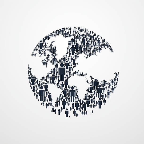 A stylized world map composed of small human icons, symbolizing global population density and demographic distribution.