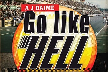 Book cover of Go Like Hell by A.J. Baime, featuring a race track, crowd, and bold retro typography.