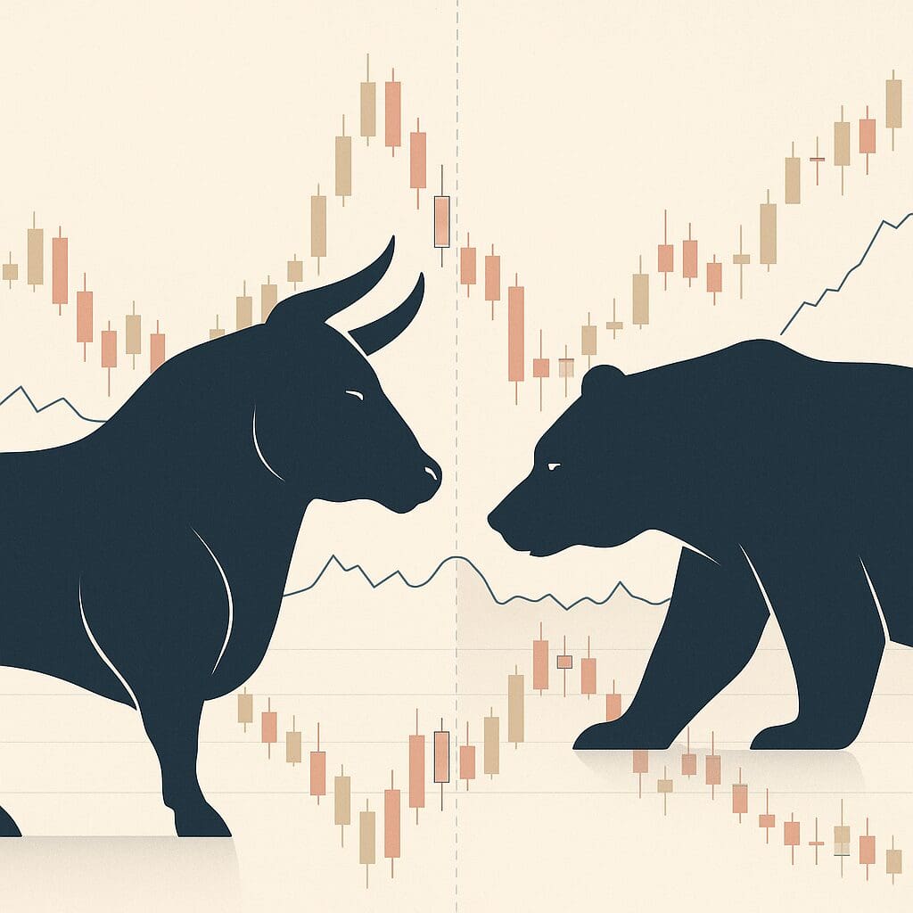 Minimalist illustration of a bull and bear facing each other across mirrored stock charts, symbolizing opposing market forces. The design uses a muted navy and cream palette with subtle candlestick graphs in the background, creating a refined, editorial look for an investment article.