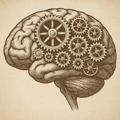 Vintage-style illustration of a human brain with interlocking gears inside, symbolizing thinking, analysis, and the mechanics of the mind. The sepia tones and detailed linework create an intellectual, timeless aesthetic.
