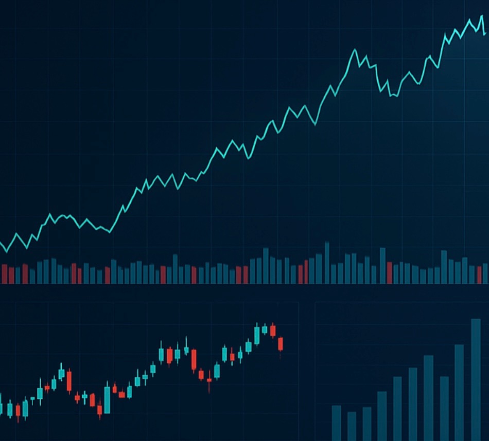 A sleek digital stock market dashboard displaying line charts, candlestick patterns, bar charts, and ticker data on a dark blue interface.