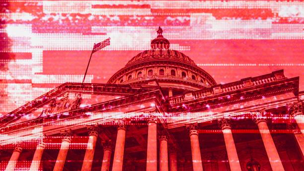 Red, glitch-styled image of the U.S. Capitol building with an American flag, suggesting political conflict or instability.