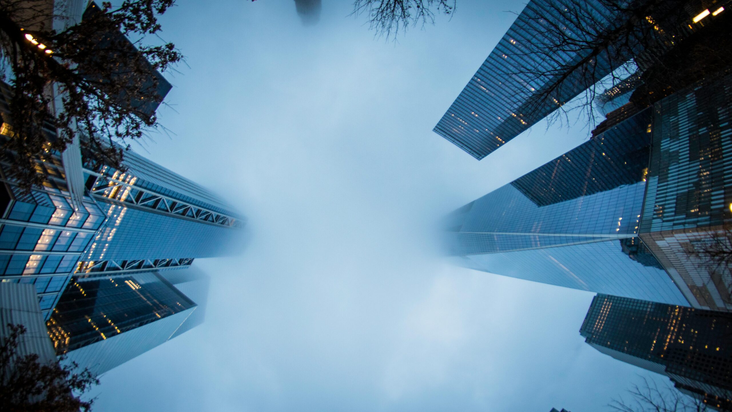 Tall glass skyscrapers rising into dense fog, viewed from below, creating a dramatic and modern cityscape.