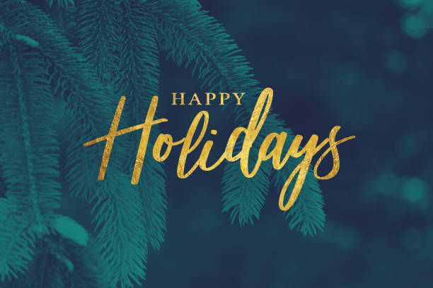 Gold “Happy Holidays” lettering over a dark blue background with evergreen branches
