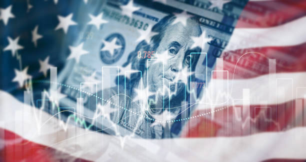 An American flag overlaid with a U.S. hundred-dollar bill and financial market charts.
