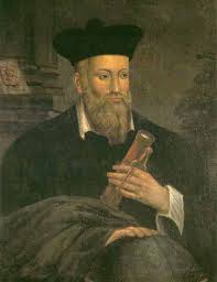 Portrait of Nostradamus holding a book, depicted as a 16th-century astrologer and writer.