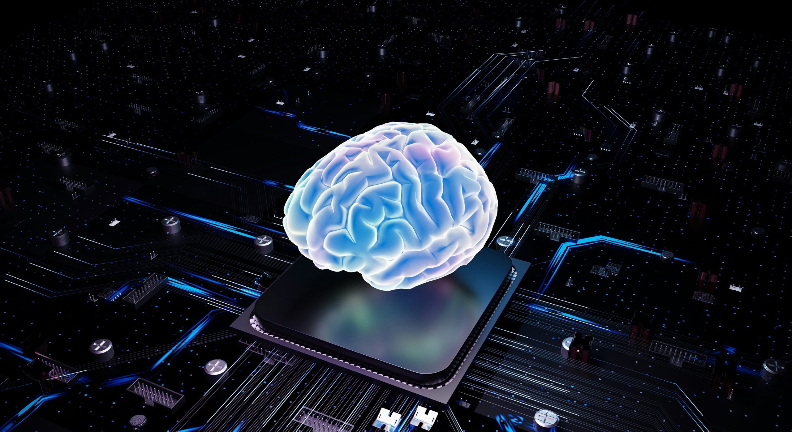 A glowing human brain hovering above a computer chip, symbolizing the intersection of artificial intelligence and human cognition.