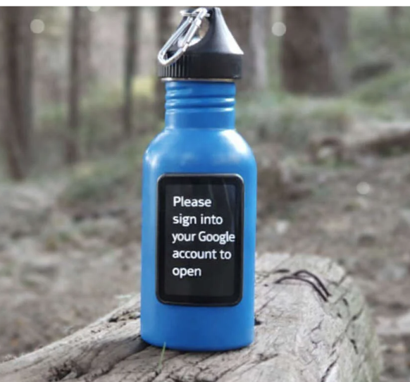 Blue reusable water bottle in a forest with a screen that reads “Please sign into your Google account to open.”