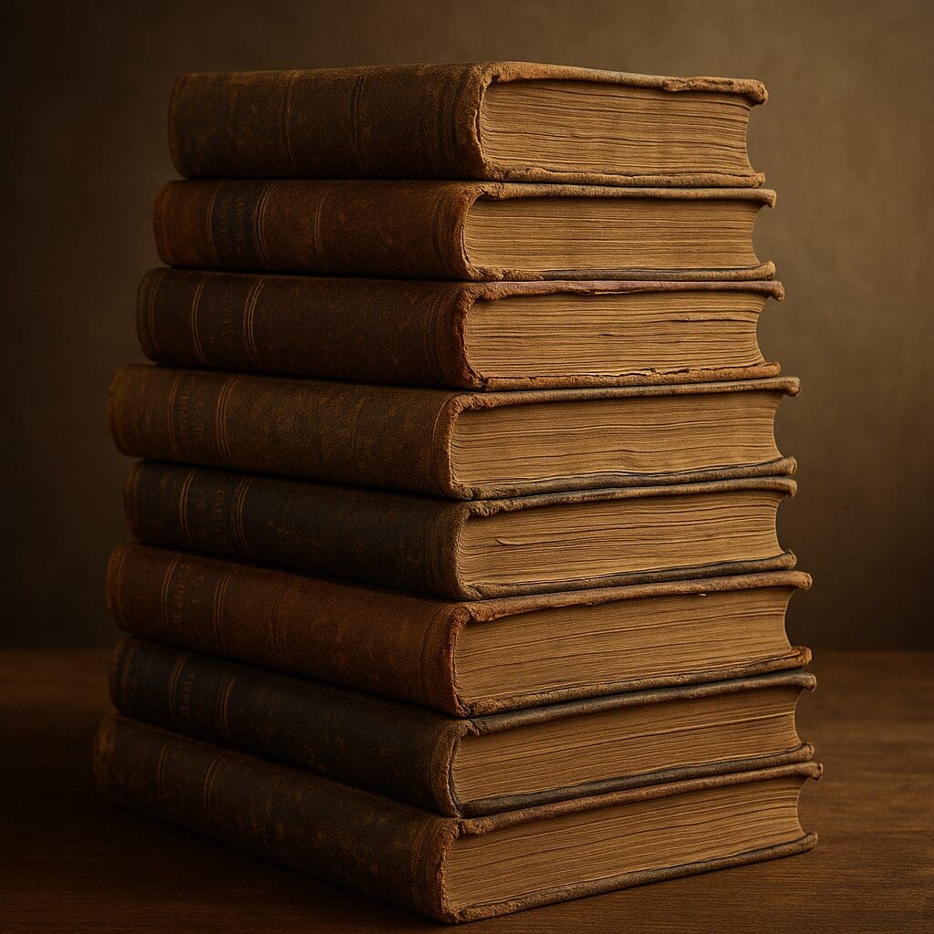 Stack of seven vintage leather-bound books with aged pages on a wooden surface, softly lit against a warm, neutral background.